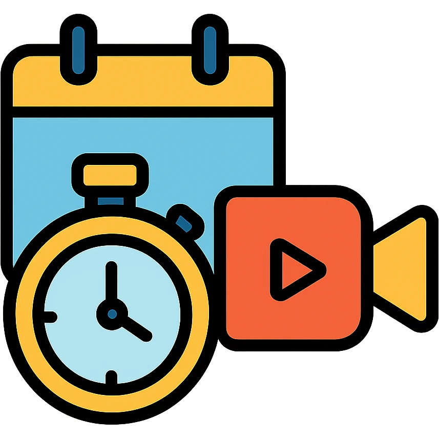 A colorful icon showing calendar, timer, and video camera overlay in a minimalist style emoji