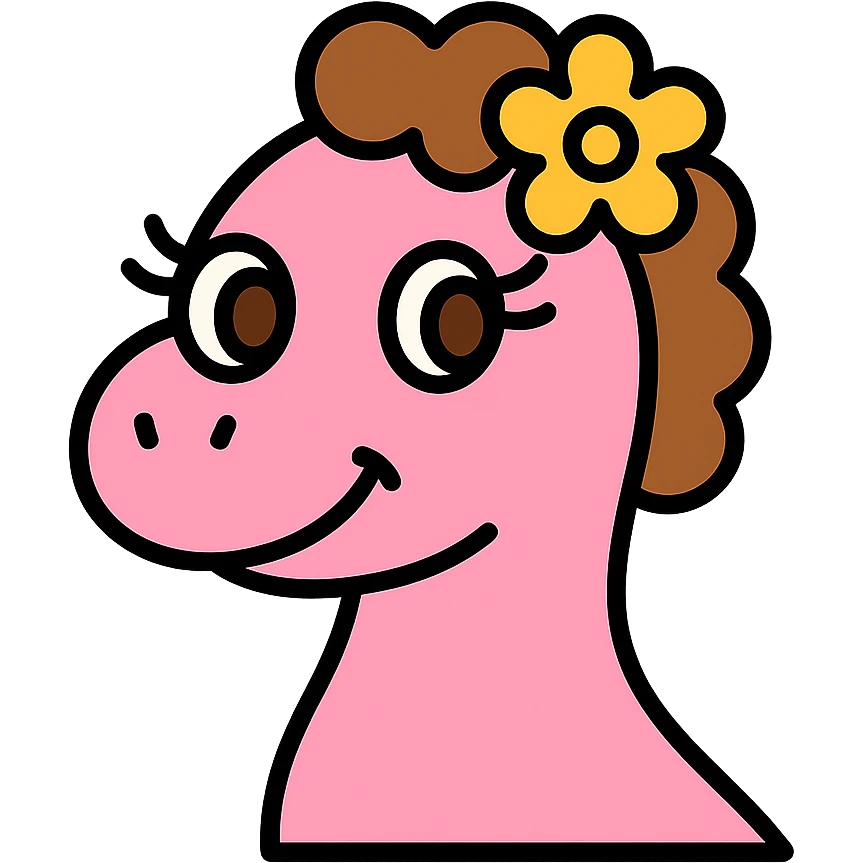 pastel pink dinosaur with brown curly hair, a Hawaiian flower in her hair, brown eyes, and long eyelashes, playful icon style emoji