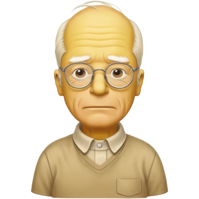 A 3D cartoon close-up of Grandpa Abe Simpson, yellow skin, bald head with side tufts of white hair, glasses, wrinkled face, beige shirt with collar, soft yellow lighting, cinematic Memoji-style portrait consistent with other Simpsons family members, yellow dress. emoji