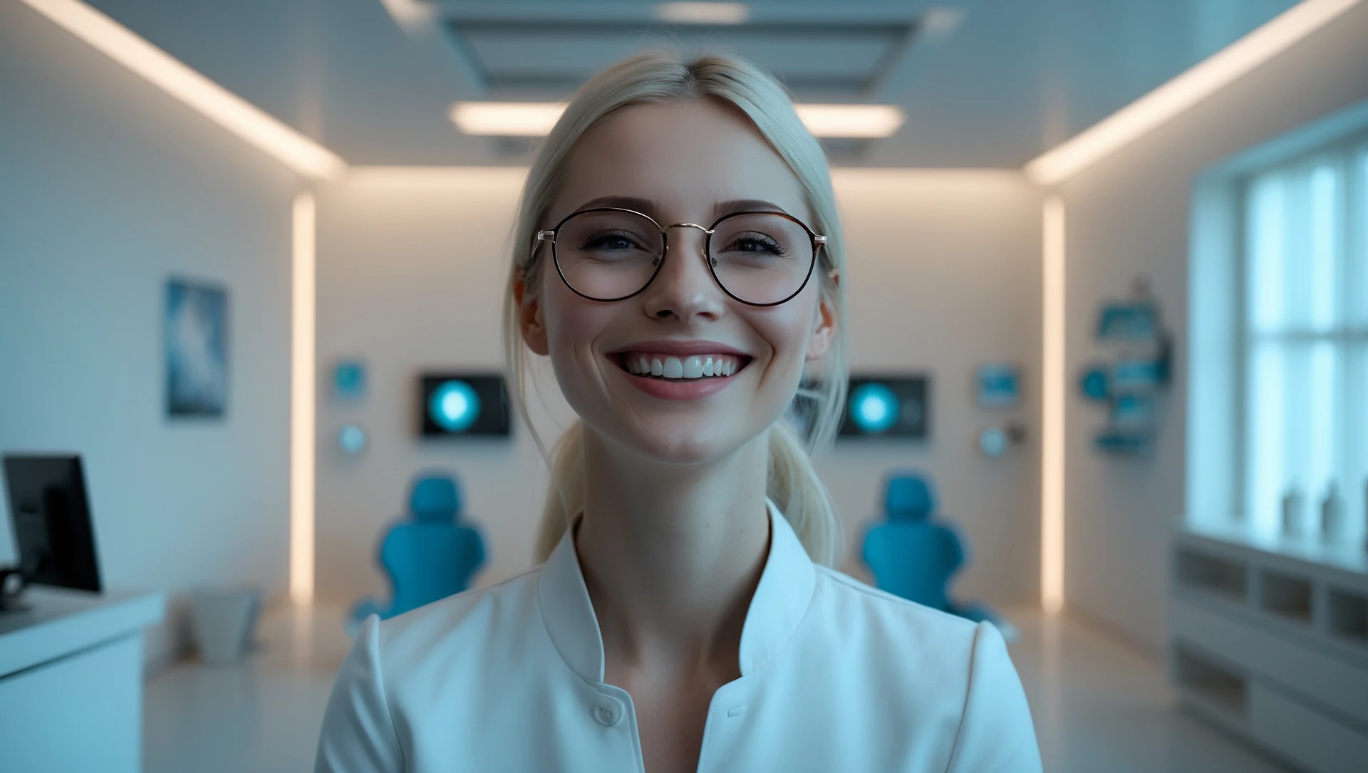 Cinematic still, Proffesional advertising of a smiling european white woman with glasses smiling, minimalistic ophthalmologist interior in background, leading  lines, "rule of thirds", 60/30/10 colors, soft light emoji