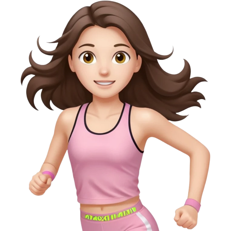 white happy brunette teen long hair with hazel eyes in light pink workout clothes jogging through finish line emoji