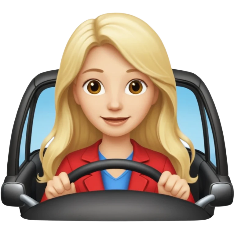 blonde long hair woman driving car. Happy face confidence emoji