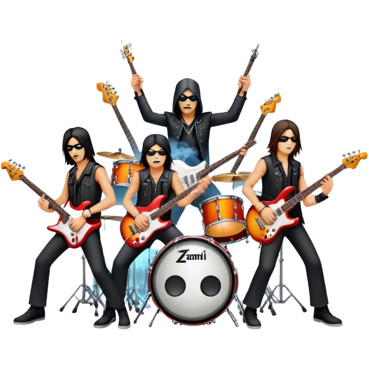Icon for Metal Music: metal band on stage with 4 musicians playing electric guitars, bass, and drums. The atmosphere is intense, with flashing lights, smoke, and energetic stage presence. The vibe is powerful and electric. Transparent background. emoji