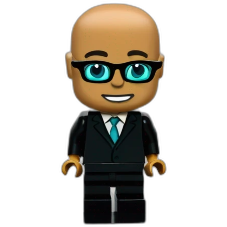 bald tan lego with turquoise glasses in black suit kneeling to propose emoji