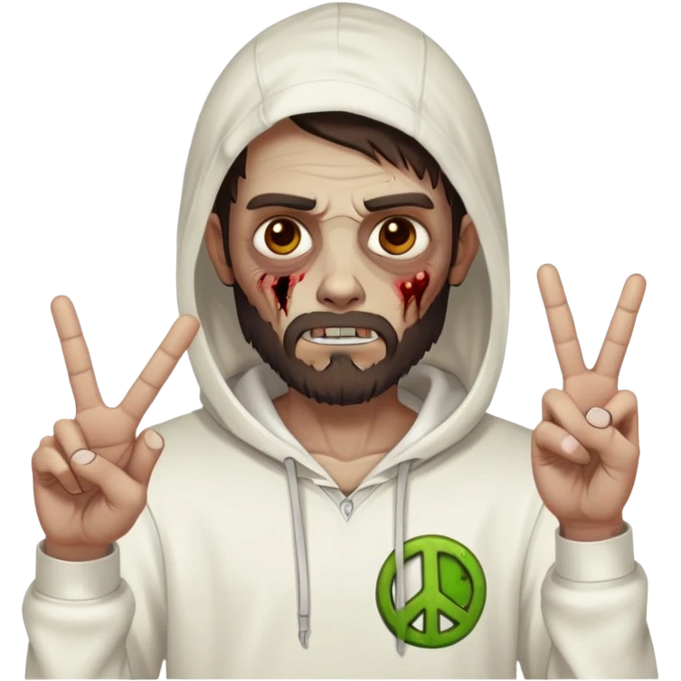 zombie with peace sign gesture wearing plain white hoodie with no designs, dark brown hair and short full beard emoji