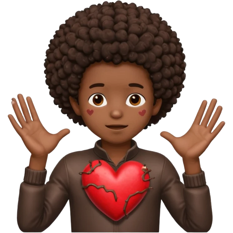 I want a black boy with chocolate skin and a small messy afro holding a heart close to his chest with his hands over the heart as if to present it to someone he loves. emoji