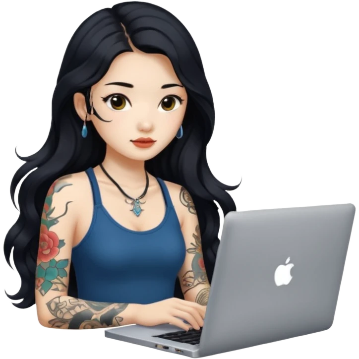 beautiful girl, with tattoos, with long black hair, wavy hair, chinese, with laptop emoji