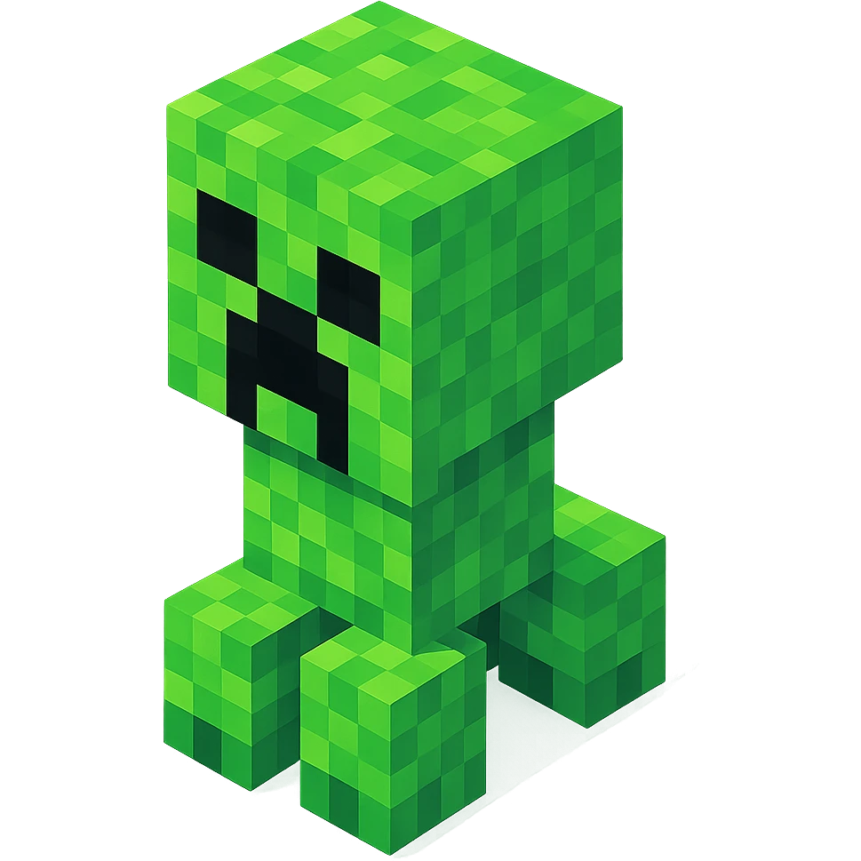 Minecraft Creeper, 3D blocky voxel style, green pixelated texture, facing forward, angry expression, classic Minecraft look emoji