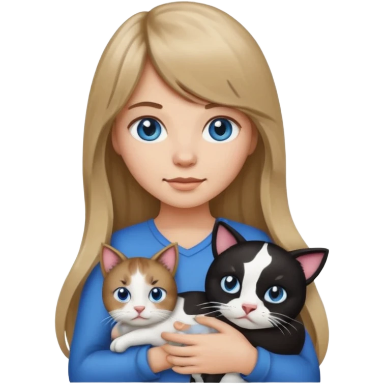 Apple-style emoji sticker of a young woman with long dark blond hair and bang, blue eyes , holding a cat black and white like a cow patch on her chest.  emoji