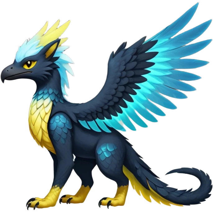 White Iridescent Colorful Exotic White, Gold, Yellow, Silver, Beaked Feathery Nocturnal Neon-glowing Abyssal Lightly Heaven-Cat-Gryphon-Salandit-Nargacuga-Silvally-Vernid-Sergal-Fakémon-Hybrid-Creature (full body) emoji