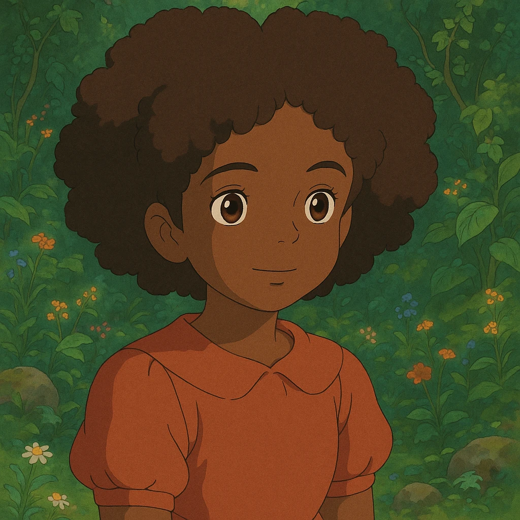 una niña morena de piel con ojos marrones y pelo afro, estilo ghibli emoji