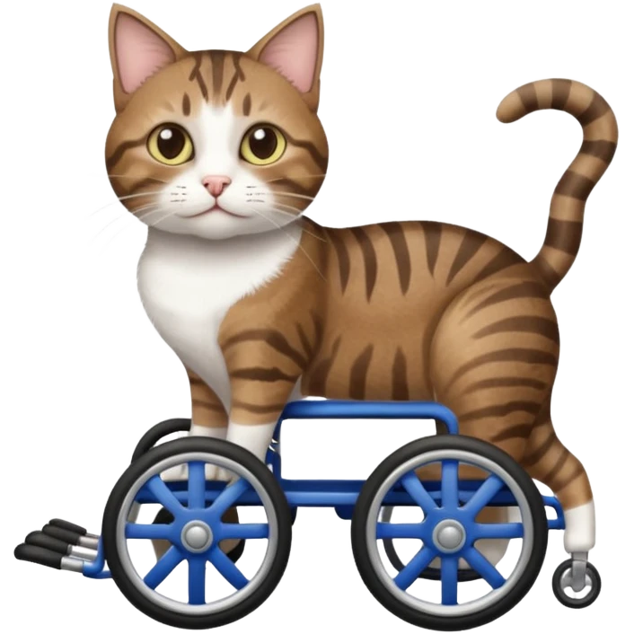 disabled brown tabby and white cat using cat wheelchair emoji