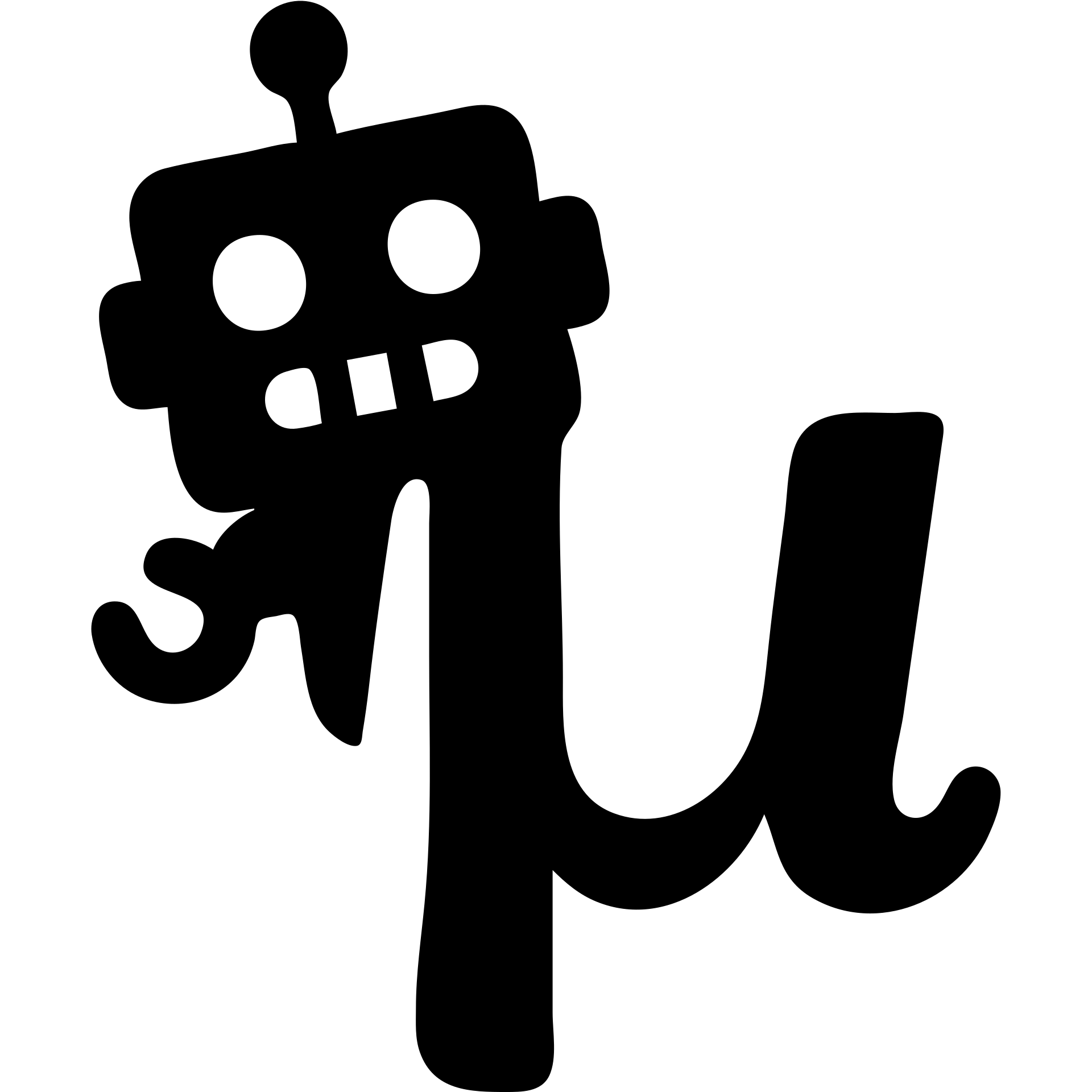 solid icon of a blue lowercase mu with a playful toy robot peeking from behind emoji