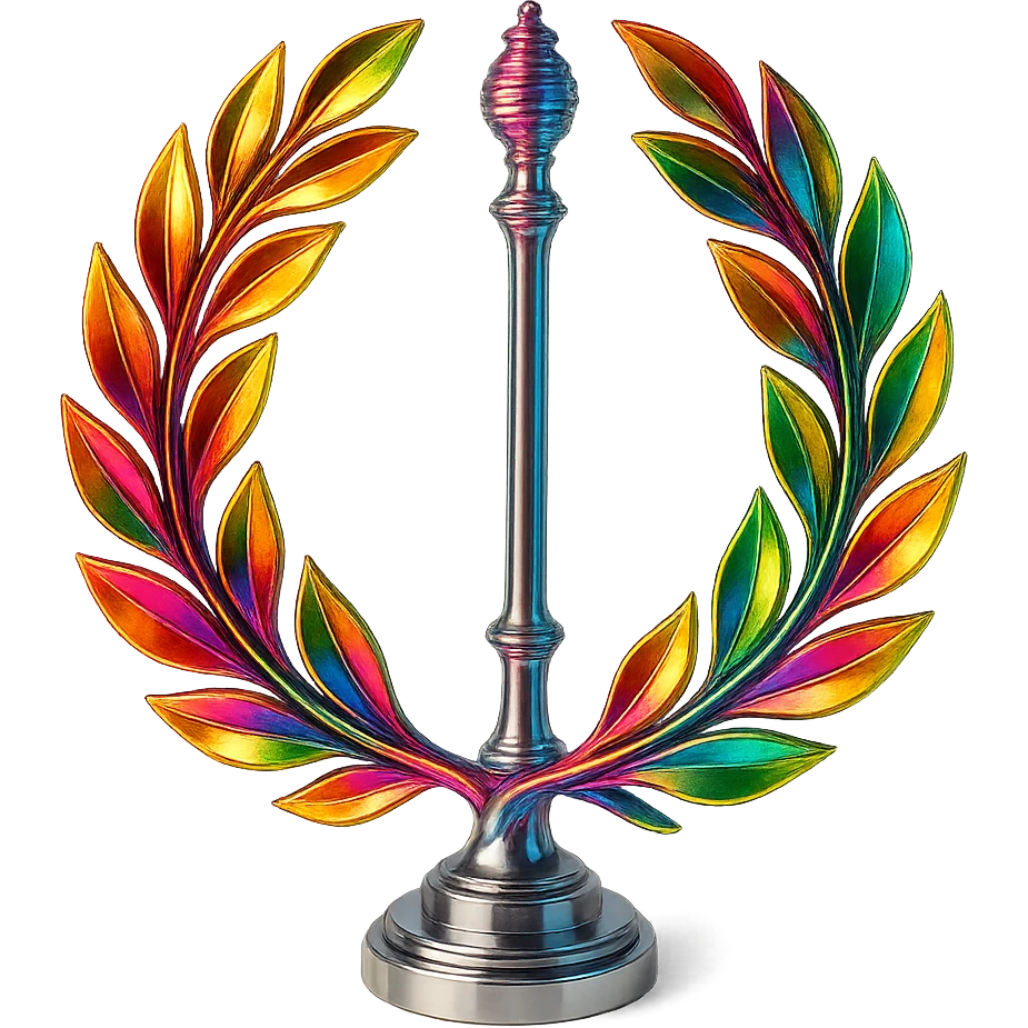 Add bold color accents to the chrome laurel wreath and staff, maintaining the chrome look with shiny metallic chrome base and colorful highlights. emoji