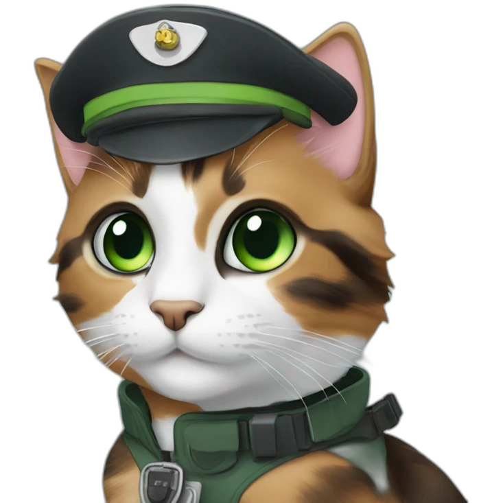 black, brown and grey calico cat with green eyes dressed as a pilot emoji
