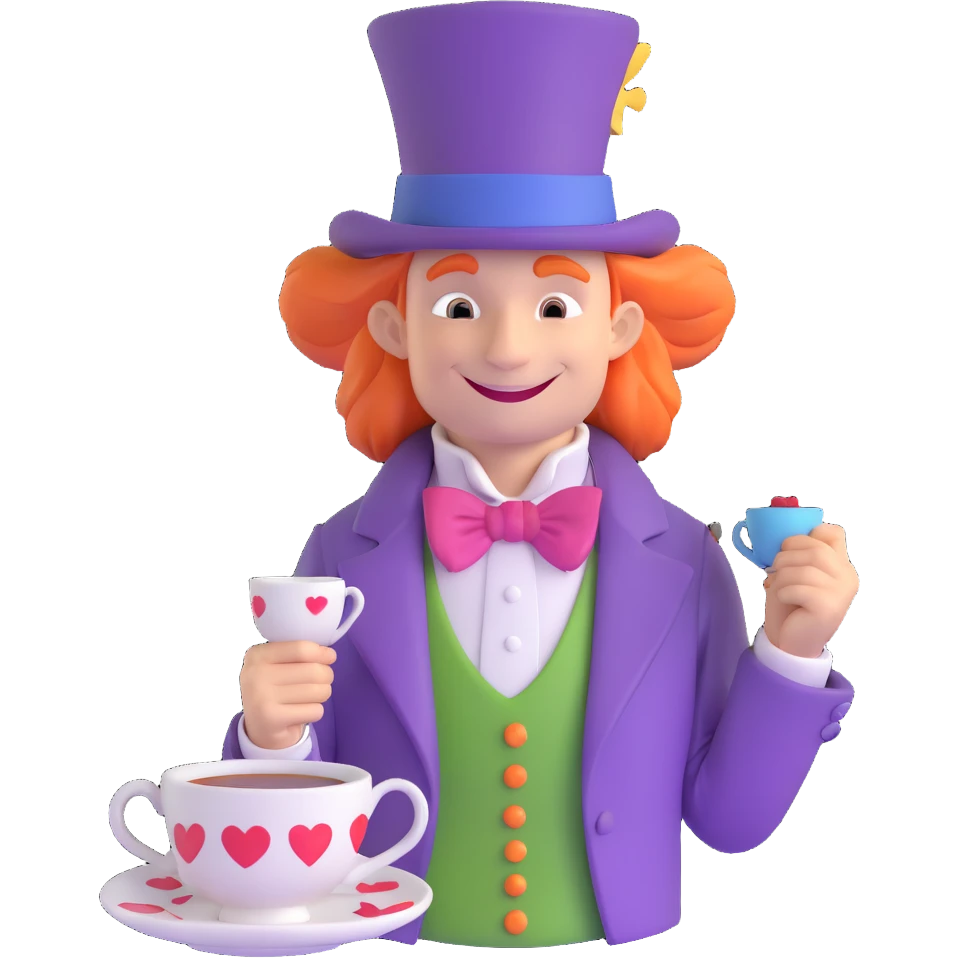 Mad Hatter from Alice in Wonderland, smiling face with a tall purple hat, mismatched clothes, and a teacup, fun and storybook-inspired design, stylized as an emoji emoji