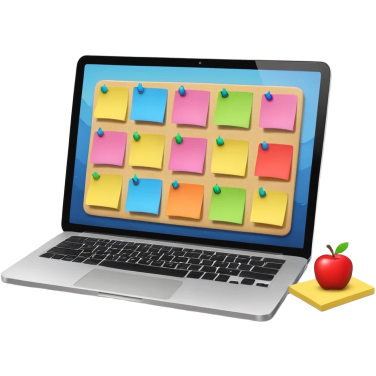 laptop showing a Miro board with sticky notes, apple style emoji emoji