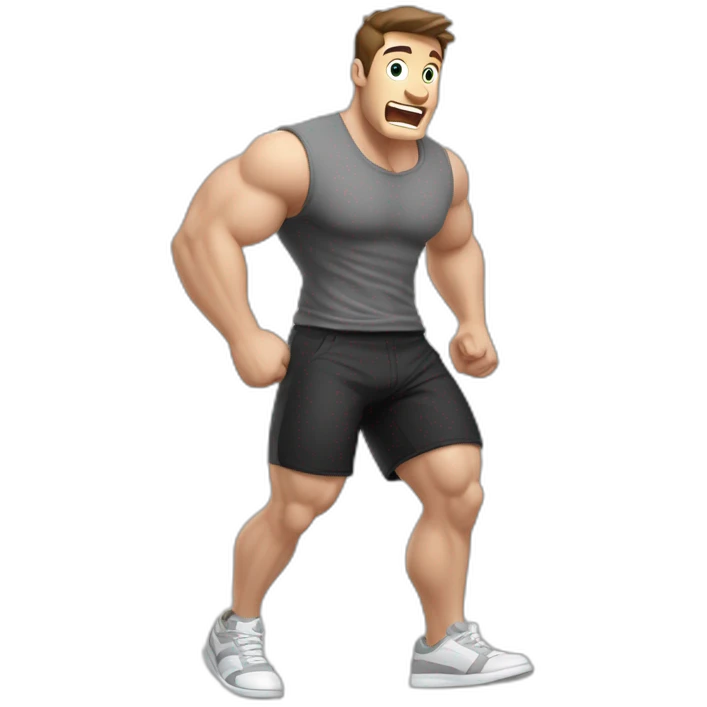 amazed Open with surprise mouth Pale skinned Fit Man With the biceps and dark brown hair in black shirt, gray sports shorts and white Sneakers emoji