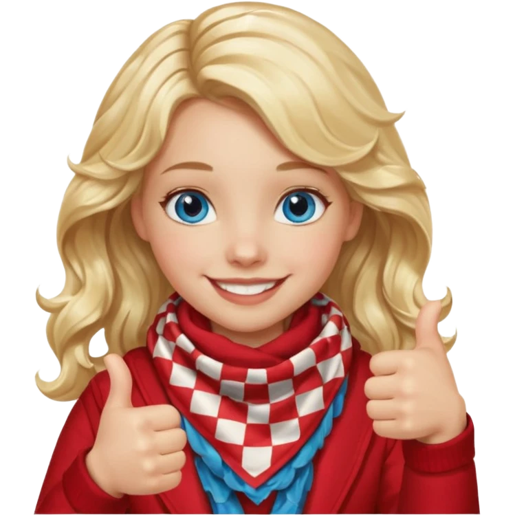 Blonde Girl, Blue Eyes, wavy hair, smiling, thumbs up, wearing red Checkered Triangle scarf emoji
