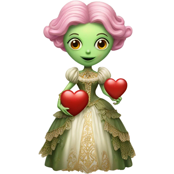 a green alien woman in Victorian dress white gold, pink hair,holdig, red big hearth, full body emoji