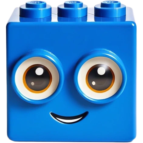 A bright blue Lego building block with big eyes and a happy expression emoji