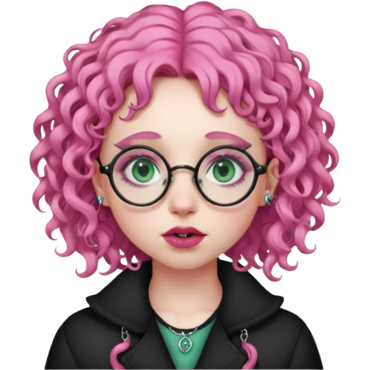 . Gothic girl with pink curly hair, round glasses, septum piercing, nostril piercing, almond eyes, blueish green eyes, emoji