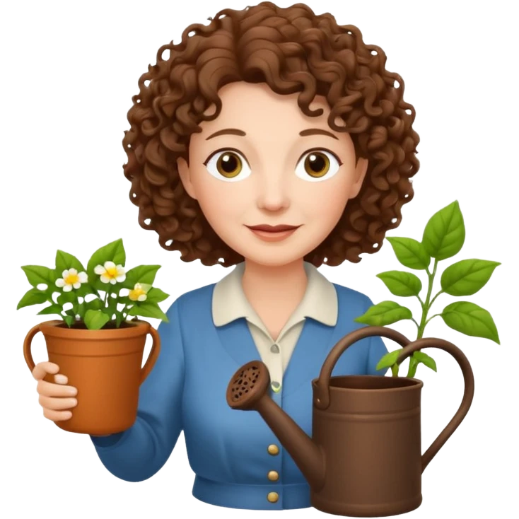Older female florist – curly hair, hold garden watering pot emoji