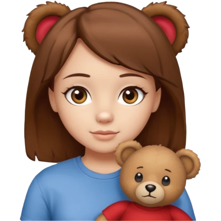 A Girl with Brown hair and Brown eyes with a t-shirt of a Teddy bear emoji