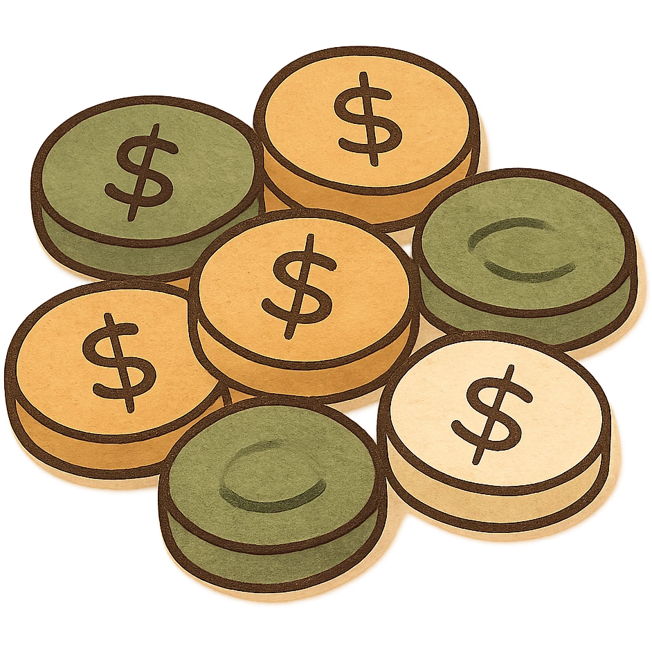 pile of coins not stacked, modern look, green gold and white color scheme, rounded shapes, simple design emoji