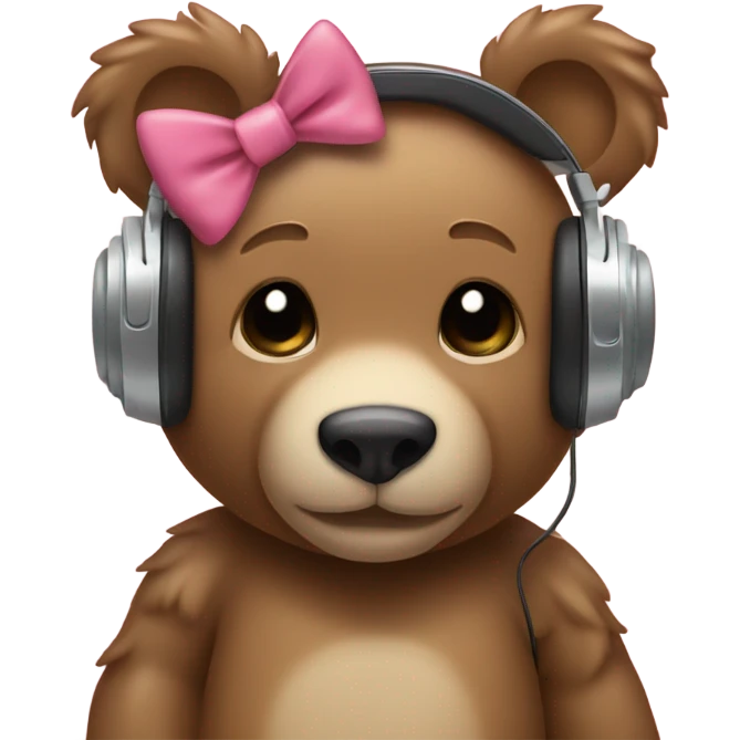 a cute teddy bear with headphones on an dthe headphones have little bows hanging on each side of th eheadphop emoji