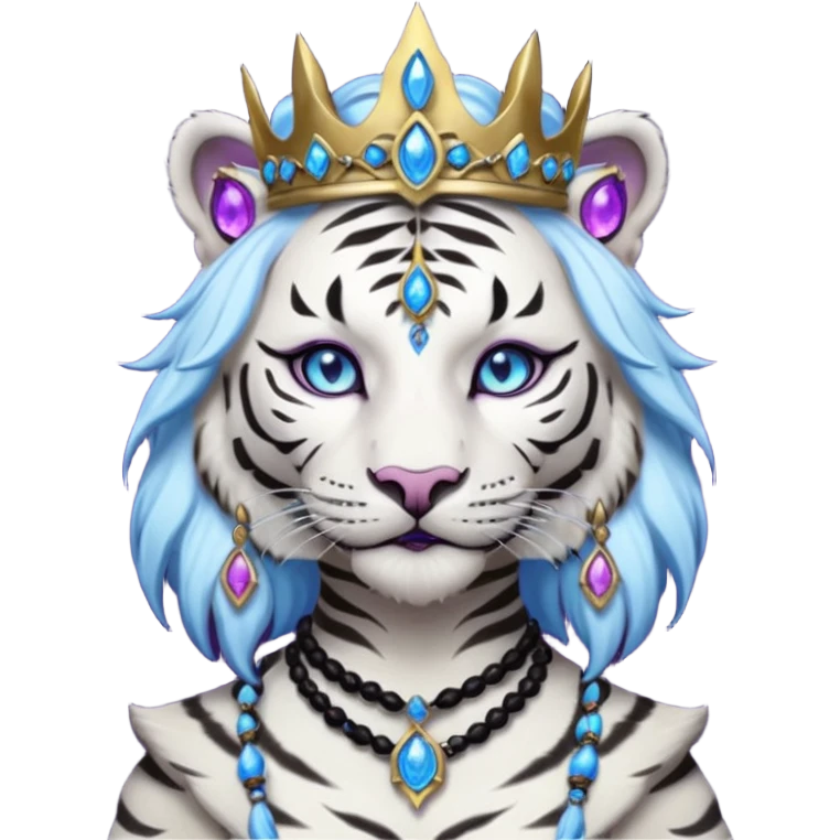 ESO Female white/black tiger khajiit leader of the umbral rose, glowing blue eyes, glowing blue 'third eye' gem, black beaded dreadlocks; silver crown/tiara with purple gems emoji