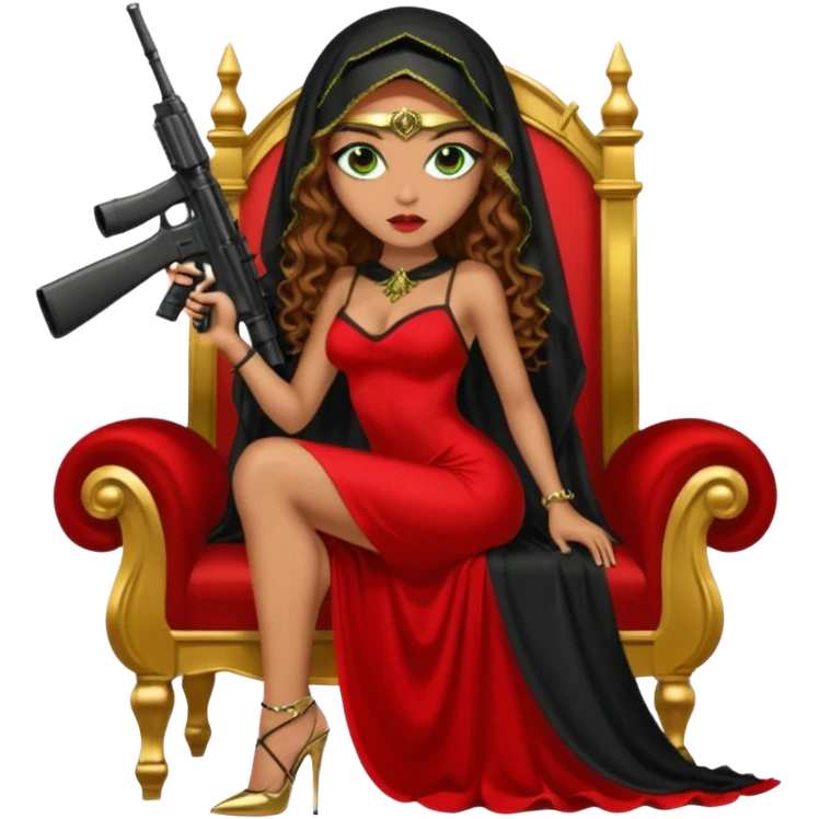 Drug dealer female green eyes symbol.  hair is brown curly long hair. sexy long with long red and black dress and face veil on that covers her mouth only. black stiletto platform high heels shoes on. Holding sniper rifle sitting on a gold throne. emoji