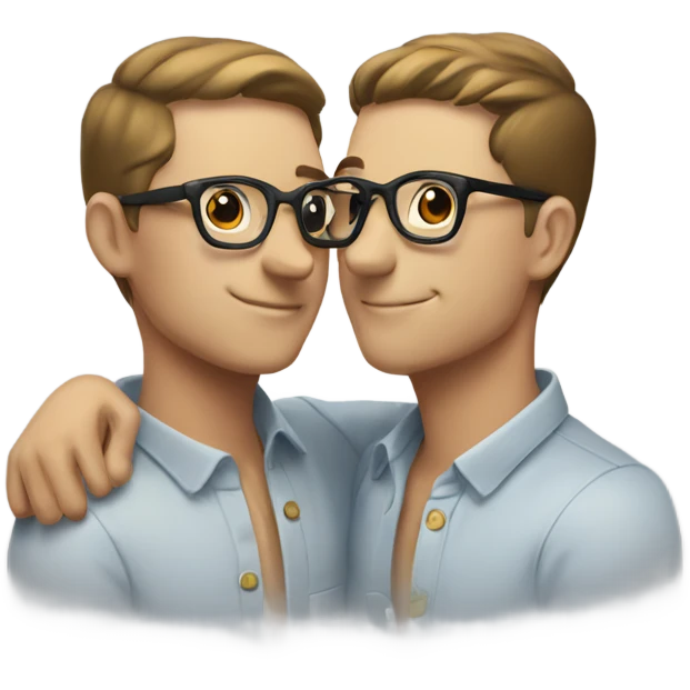 Gay male couple, white, with glasses sharing a kiss emoji