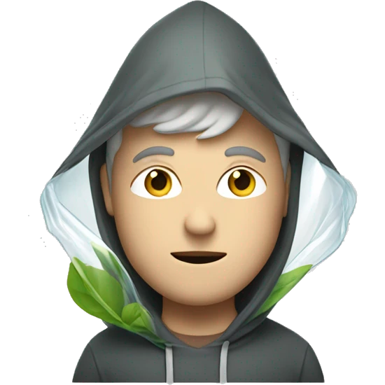 Quiet white man with hood up holding a clear plastic bag with green leaves inside emoji