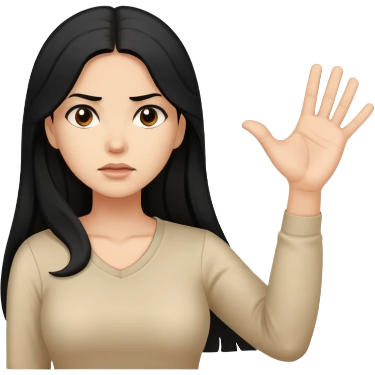 Hispanic woman with long hair, beige top, determined, one hand out motioning to stop emoji