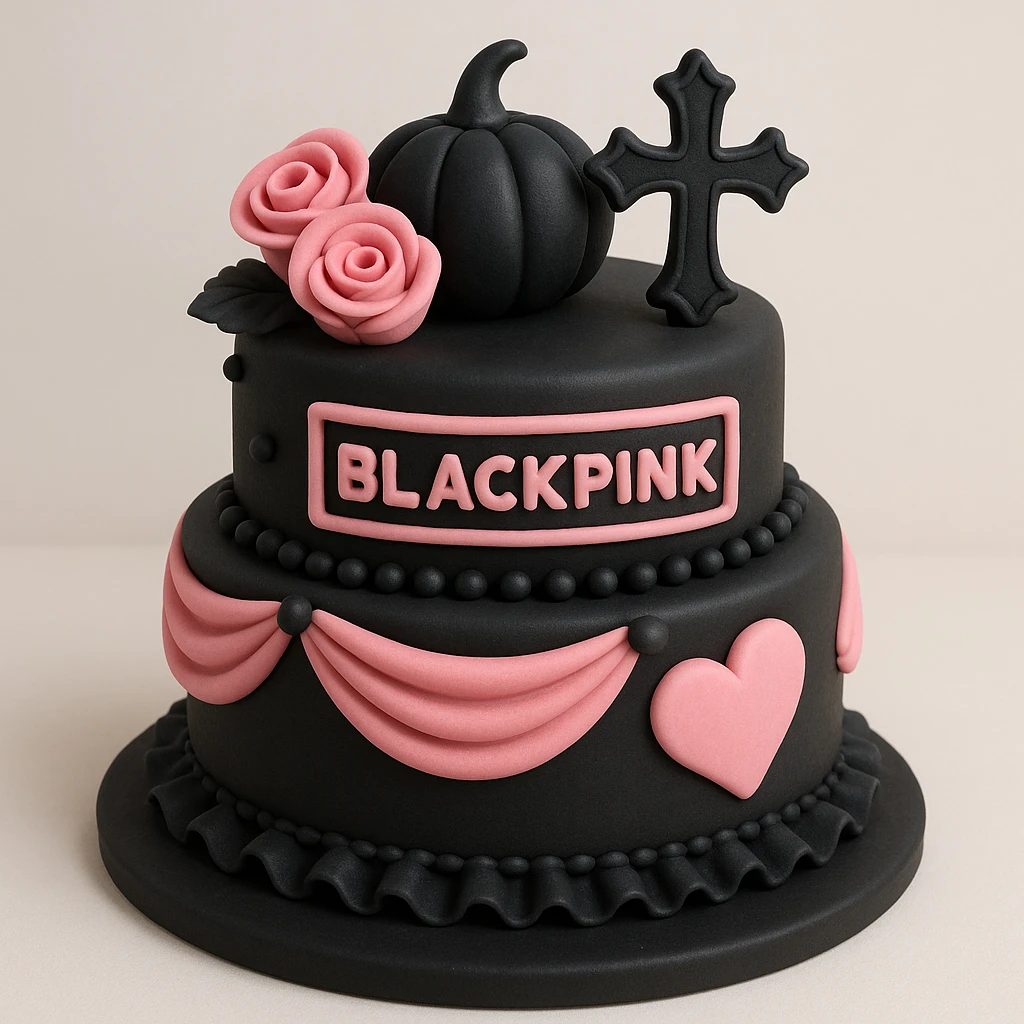 BLACKPINK-inspired gothic object, sweet and dramatic, black and pink, fondant cake art style emoji