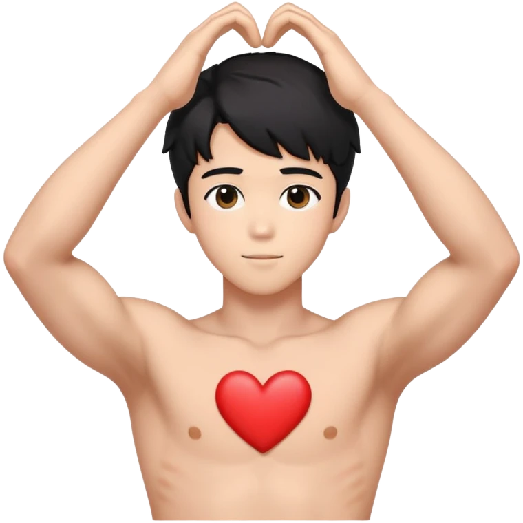 Black-haired male idol forming a heart shape with his arms above his head, arms curved to make heart outline, K-pop style emoji