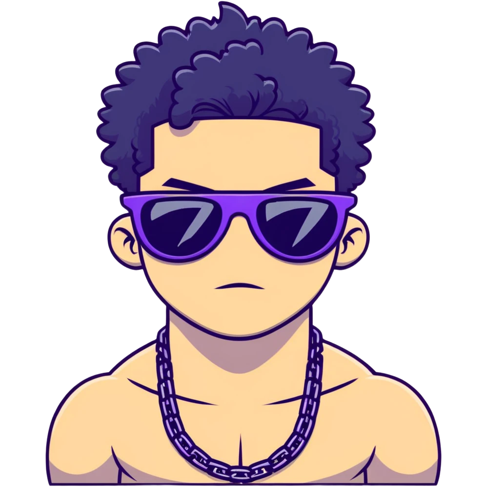 shirtless male athlete with white skin and moderately curly black hair on top with shaved sides, wearing purple sunglasses with very dark heavily tinted black lenses that completely hide the eyes, and a plain black chain necklace emoji