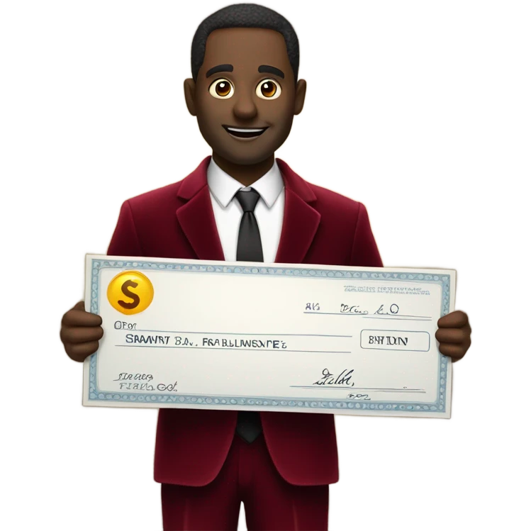 fat guy in dark red velvet suit holding cheque emoji