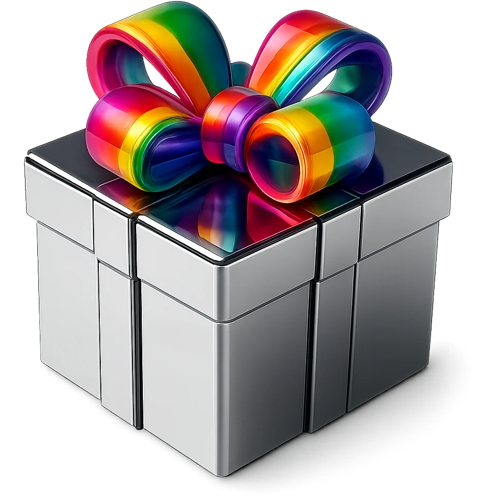 Make the bow on the abstract chrome box colorful while keeping the box radiant and harmonious, no background. emoji