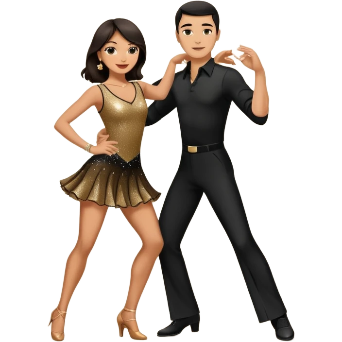 Photorealistic dancesport professional latin couple dancing the cha cha cha at the competition dancefloor, the women is in skinny short sparkly dress, the man is in black shirt and black classic pants, the women has brown long hair, the man has short black hair  emoji