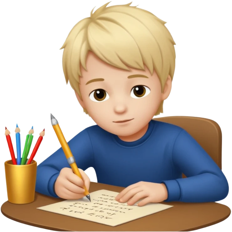 маленький мальчик со светлыми волосами переписывает желания на новый год на письмо emoji