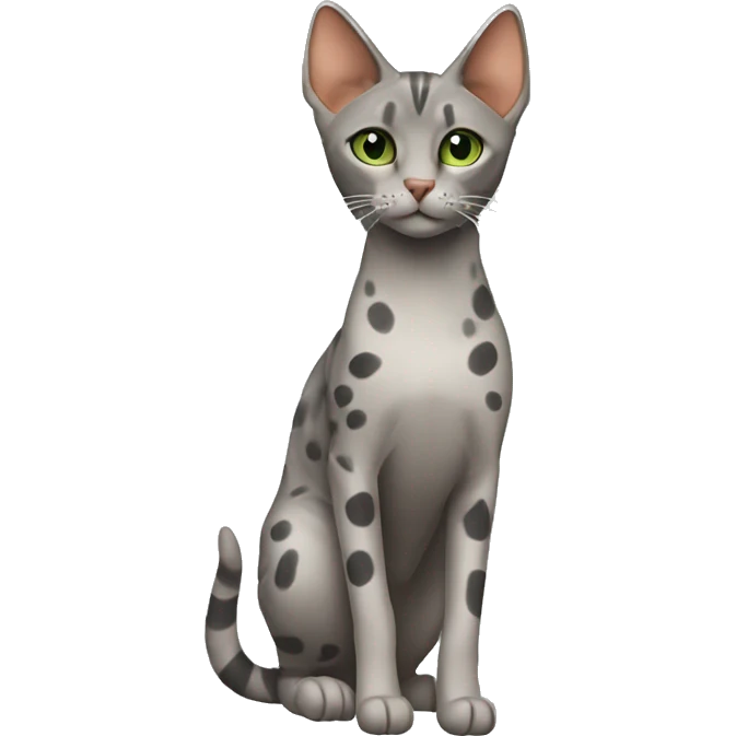 Short-haired oriental cat ,full body , grey coat with spots , green eyes , terracotta nuzzle emoji