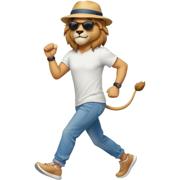 friendly anthropomorphised lion in jeans and a t-shirt, wearing dark sunglasses and a hat, jogging upright in relaxed pose emoji