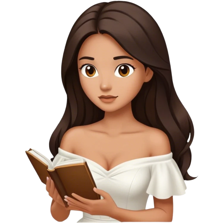 Beautiful woman in 1950’s woman fashion look, off-shoulder white dress, long dark brown hair, reading  emoji