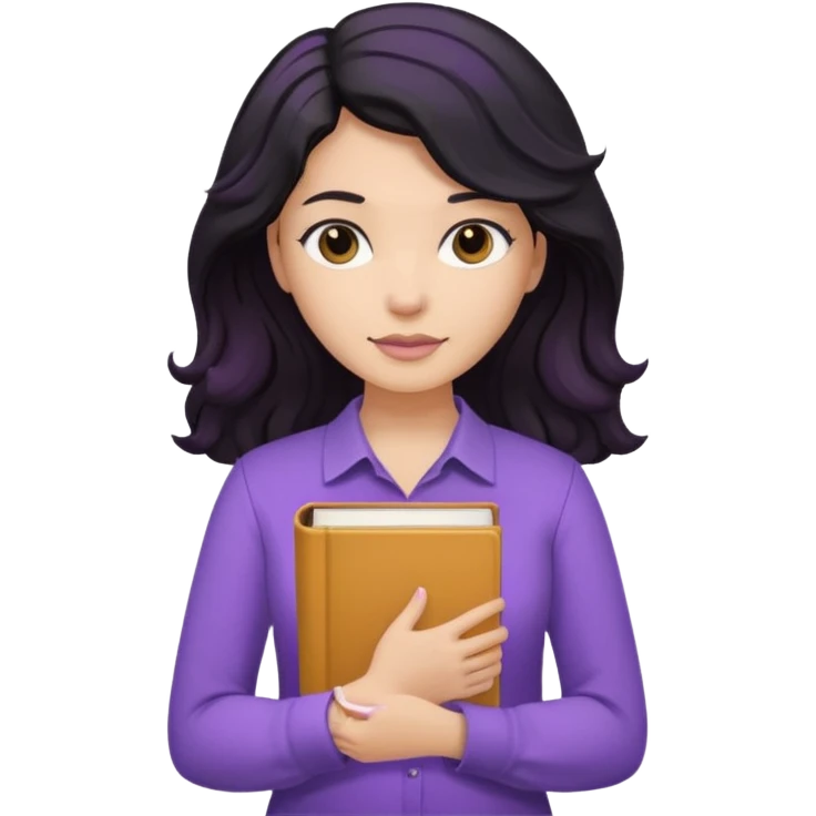 Long Hair Women, with Black dark wavy hair, with purple Book, beige shir, without background emoji