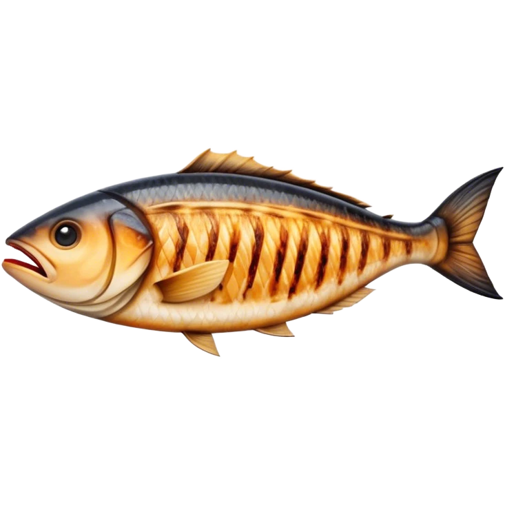 Cinematic Realistic Gradele (Grilled Fish) Dish Emoji, depicted as perfectly grilled fish with a smoky, charred finish rendered with lifelike detail and appetizing, natural lighting. emoji