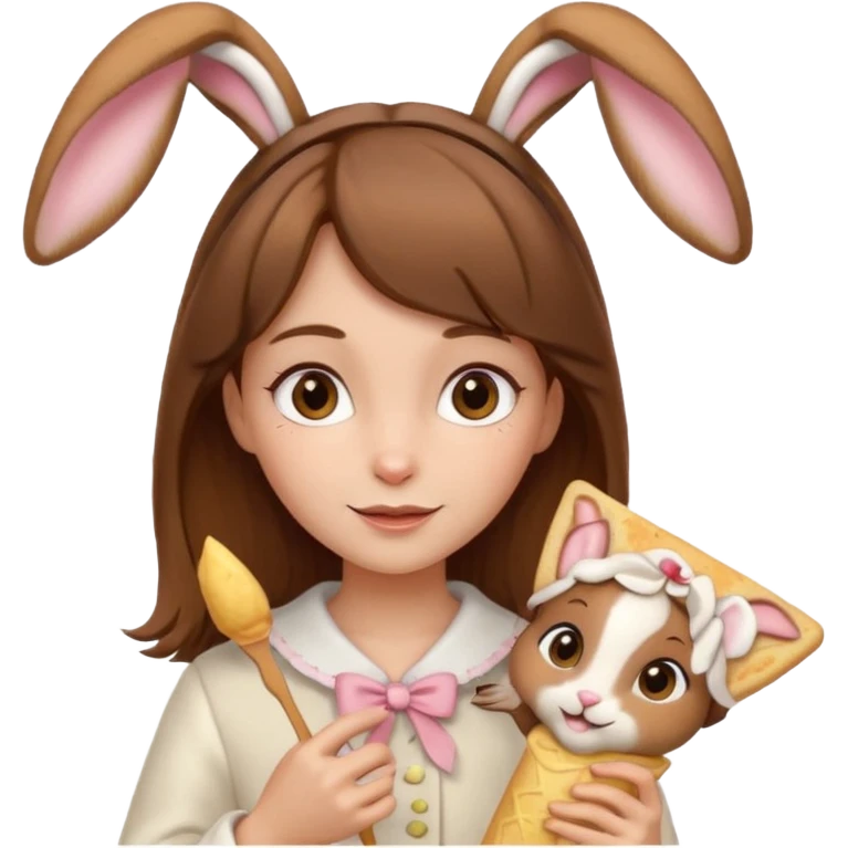 brown haired girl with bunny ears and holding a crape/pancake emoji