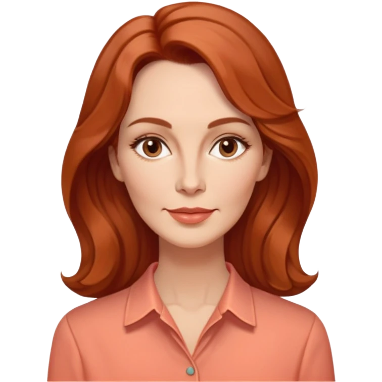 Middle-aged woman with elongated face, gentle structure, prominent cheekbones, warm expression, medium almond dark eyes, softly arched eyebrows, straight slender nose, friendly defined lips, reddish wavy hair with volume, wearing a coral-colored artistic-cut comfortable shirt emoji