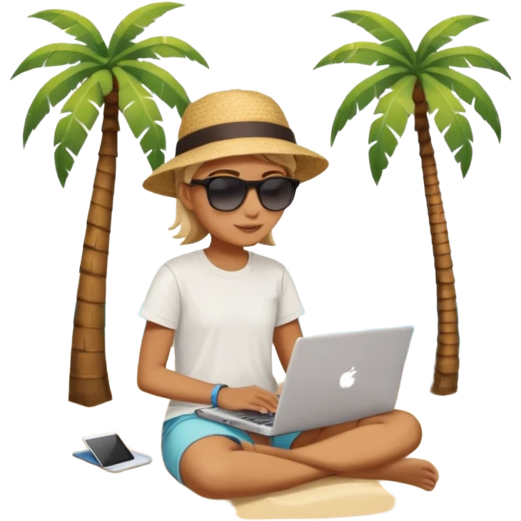 A gender-neutral person sitting with a laptop on the beach. A palm tree nearby, sun and sea in the background. Relaxed, summery atmosphere. Simplified shapes, no detailed facial features, clean emoji-like design. emoji